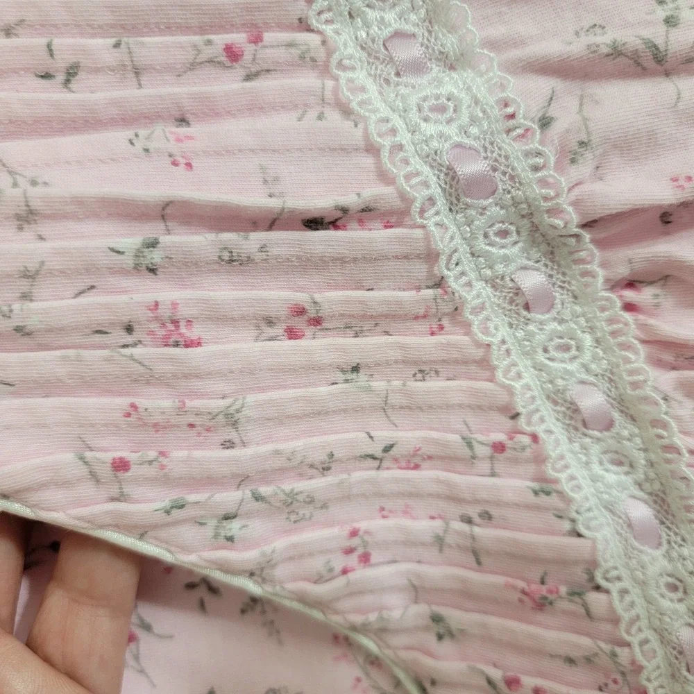 Eileen West Jersey Knit Long Sleeve Short Pink Floral Cotton Nightgown sz L EUC‎